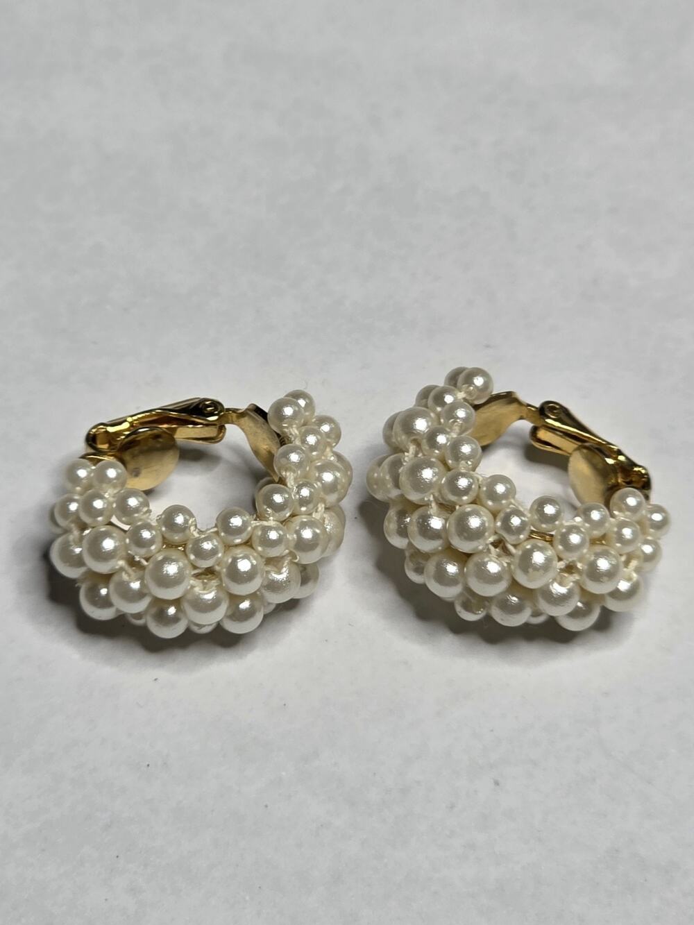 Vintage Earrings Faux Seed Pearl Clip On Cluster Gold Tone Metal Lightweight